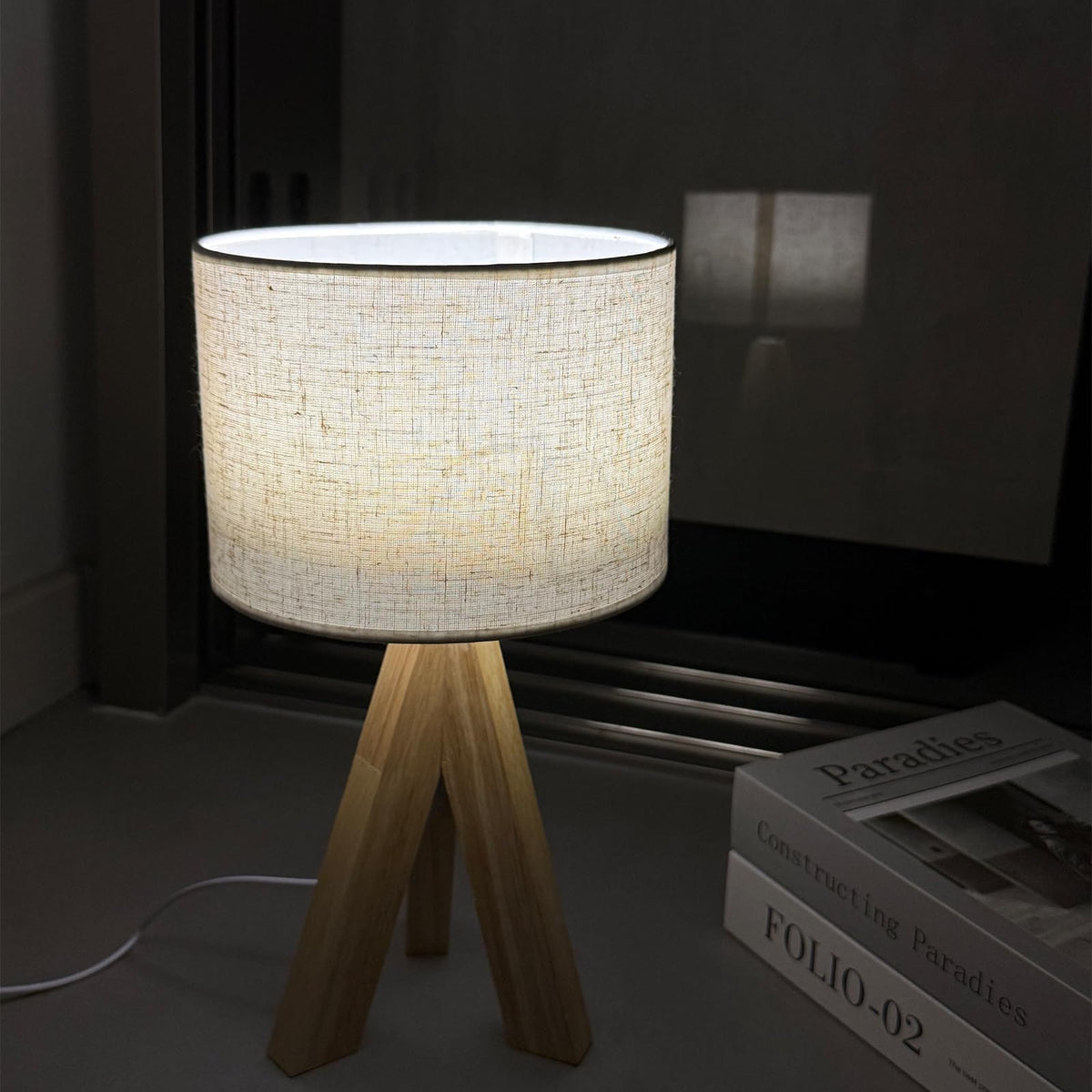 Tripod Table Lamp, Small Cute Bedside Lamp with Linen Beige Lampshade, Nightstand Lamp for Nursery, Bedroom, Kid Room, Living Room, Light Brown Wooden Base, E26 Socket, 12.8Inch, 3000K, 4500K, 6000K
