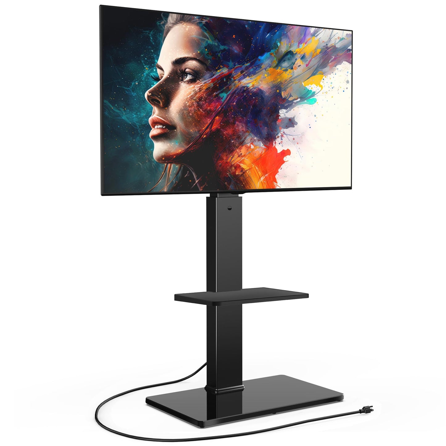 FITUEYES Floor TV Stand for 32-75 inch TV with Power Outlet, Tall TV Stand for Bedroom Living Room with Tempered Glass Base, Floor TV Mount Holds Up to 88lbs MAX VESA 600x400mm,Black