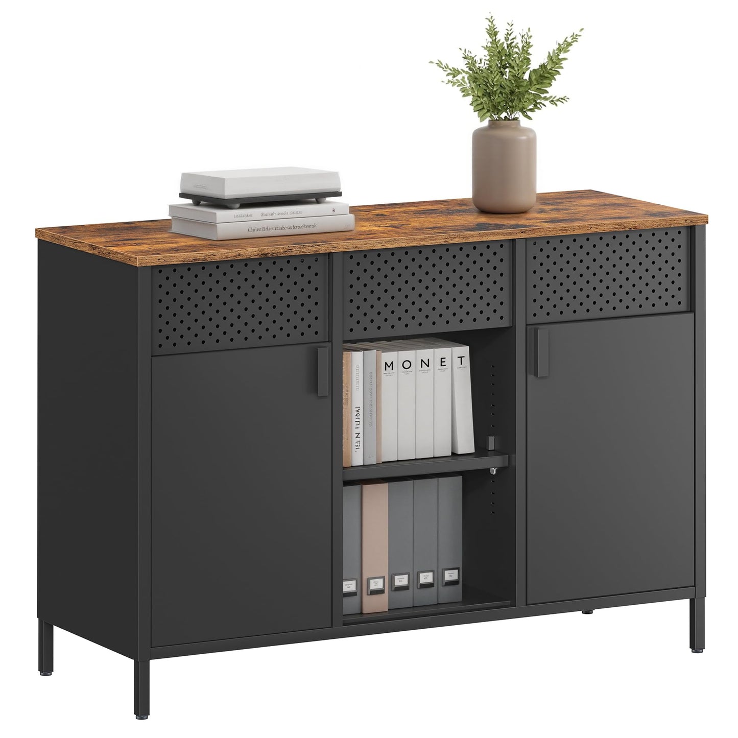SONGMICS Storage Cabinet, Metal Cabinet, Sideboard with 2 Doors, 15.7 x 43.3 x 29.9 Inches, Magnetic Closure, Adjustable Shelves, Steel Frame, Rustic Brown and Matte Black ULSC204B01