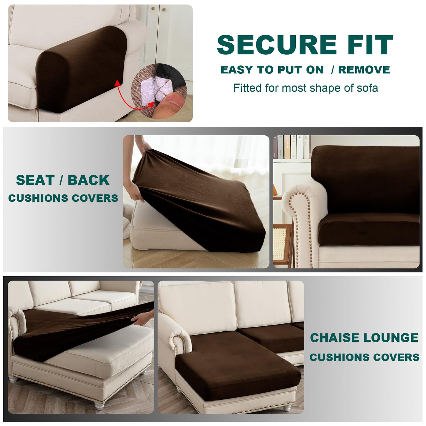 10 Pieces Sofa Cushion Covers for U-Shaped Modular Sectional Couch with 4 Seat+4 Back+2 Arms, Stretch Velvet Upholstered Covers for Sofa Bed with Deep Double Chaise (Caramel,Universal (10 Pieces))