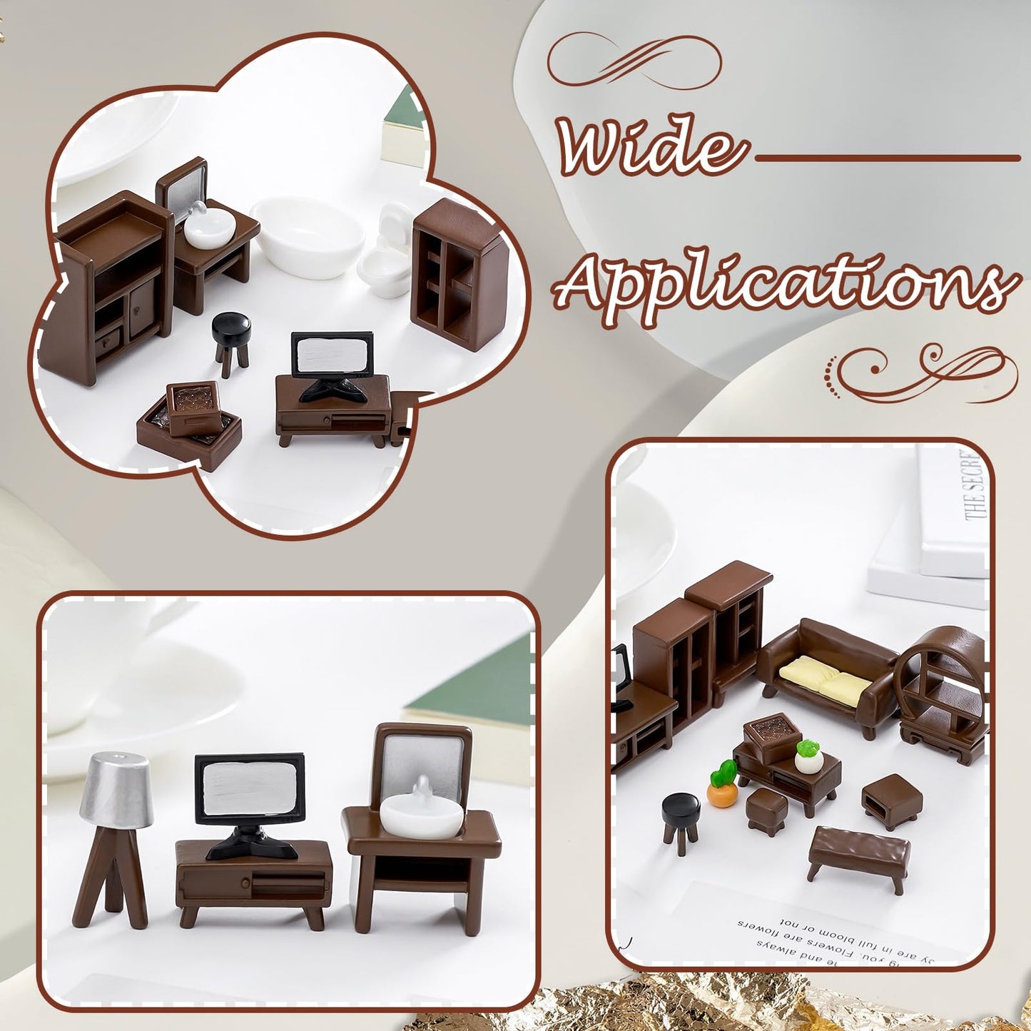 LiQunSweet 22 Pcs Resin Furniture Miniatures Micro 3D Mini Dollhouse Table Chairs Bed Bookshelf Bathroom Living Room Set for Fairy Garden DIY Scene Accessories