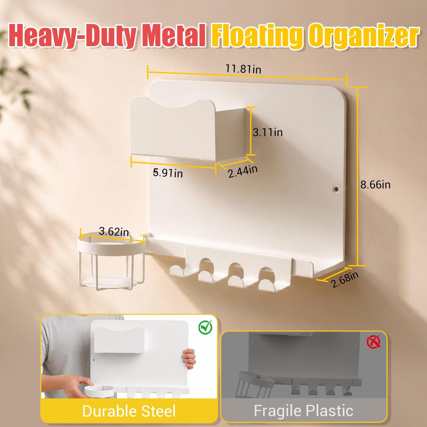 Metal Bedside Wall Shelf, No Drill Floating Bedside Shelf Wall Organizer