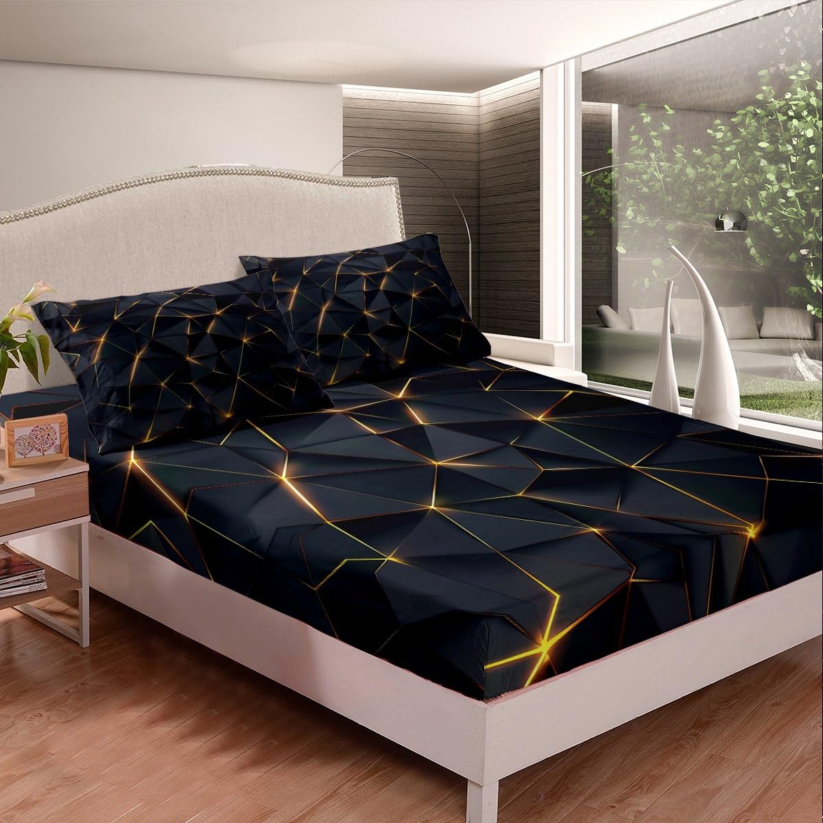 Feelyou Honeycomb Sheet Set Twin Size,Geometric Stereoscopic Theme Teens Boys Bedding Set,Adults Bedroom Decoration 3D Black Gold Print Fitted Sheet All Season