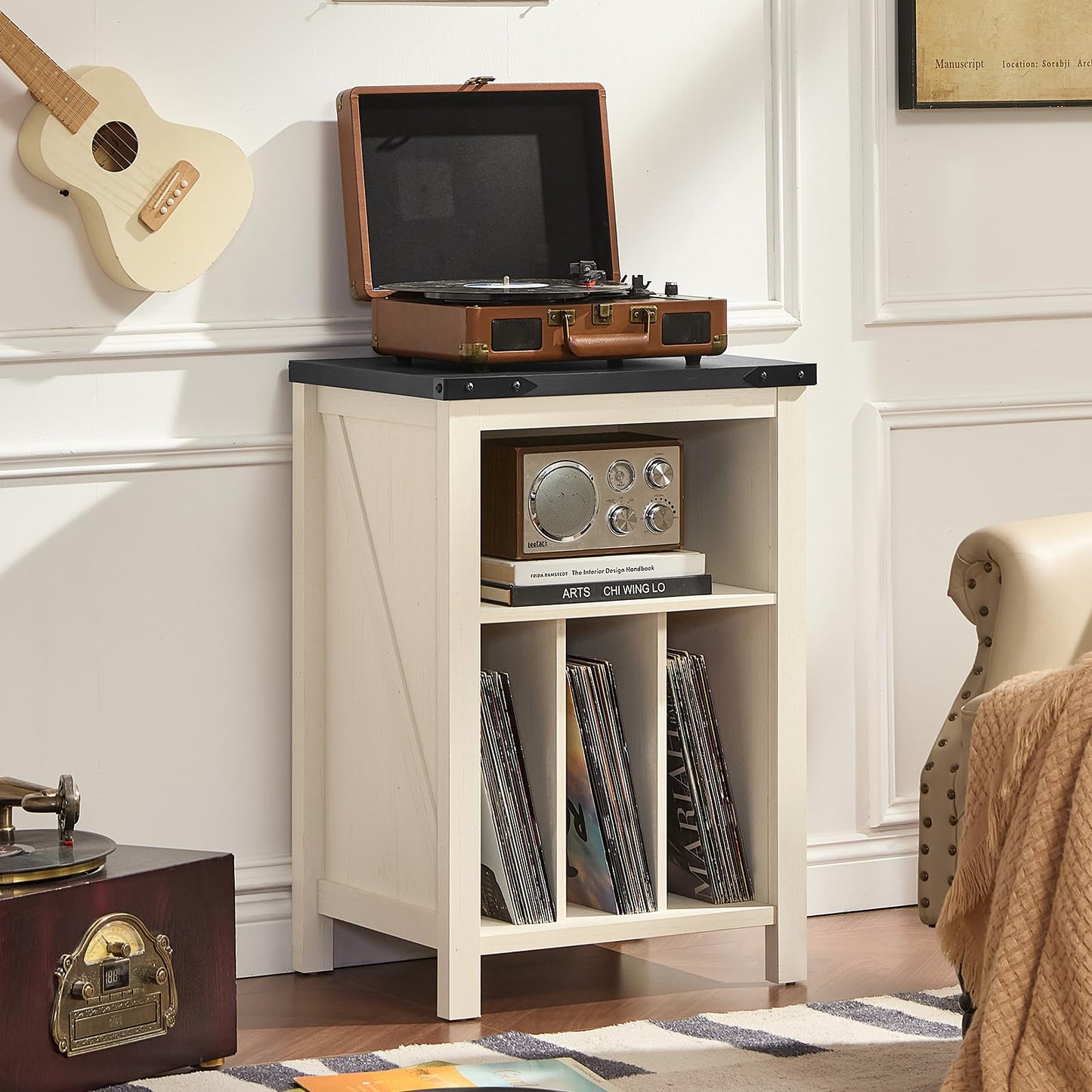 Joaxswe Record Player Stand with Vinyl Record Storage,White Record Player Table Holds up to 160 Albums,Large Wood Turntable Stand Cabinet Dispaly Shelf for Living Room,Bedroom,Office