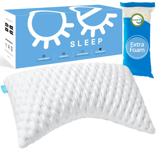 Bed Pillow for Side and Back Sleepers – Curved Cooling Pillow for Neck and Shoulder Pain Relief – Adjustable Memory Foam Pillow with Washable Cover – Queen Size with Extra Fill (White)