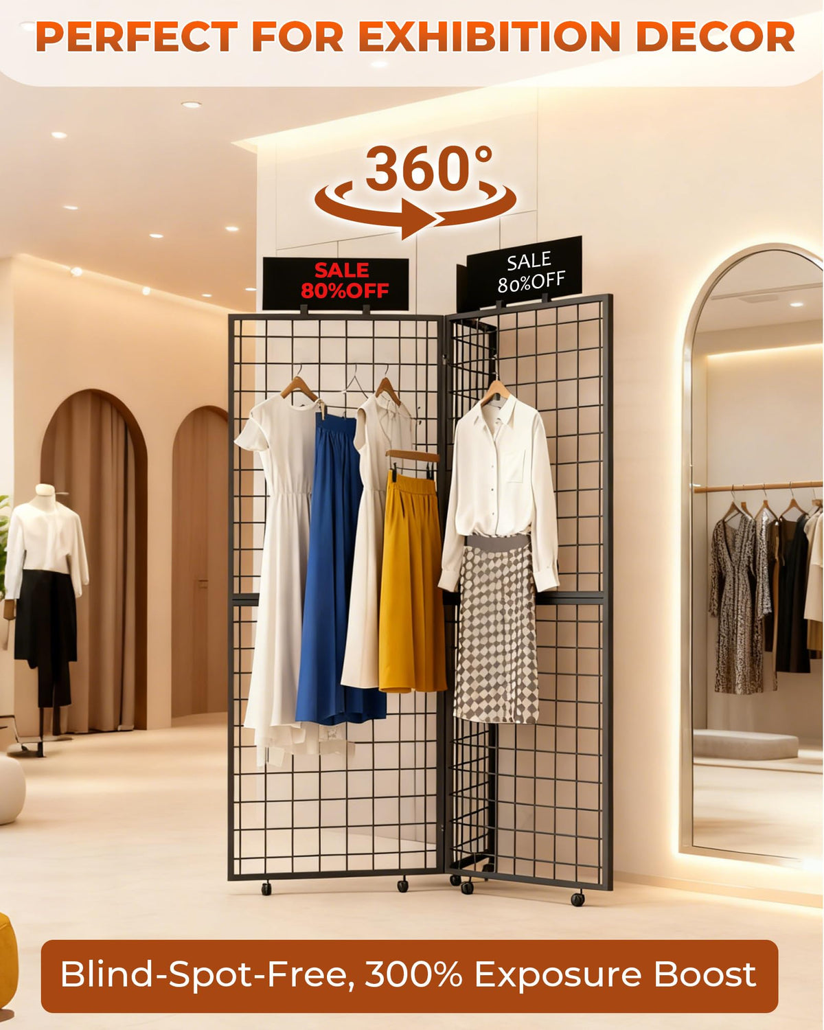 DEMEGA 360° Foldable Grid Wall Panel, Three 6' x 4.25' Ft Double Side Gridwall Display Stand with Notice board, Heavy Duty Sturdy Floorstanding Wire Grid Rack, Movable Wheel for Retail Art Craft Fairs