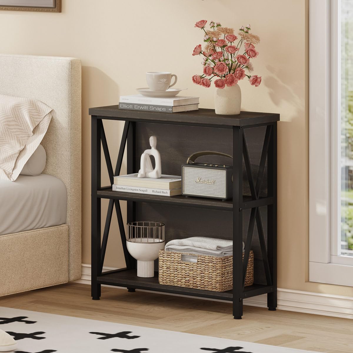 FATORRI Rustic Small Bookshelf for Small Space, Industrial Short Wood Bookcase, Farmhouse Low Book Shelf, 3 Tier Narrow Bookshelf for Living Room, Home Office, Hallway (Walnut Brown)