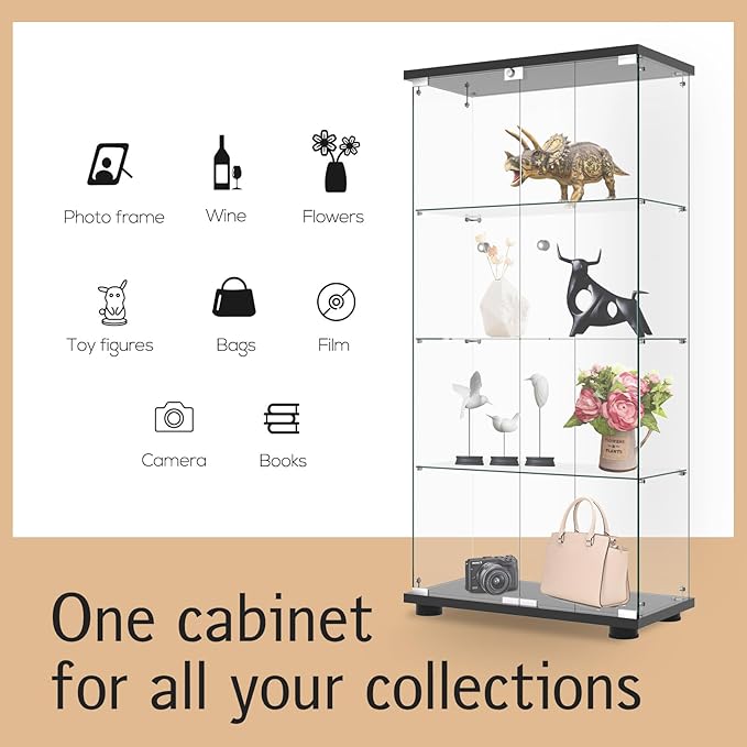Display Cabinet with Glass Door and Lock, 4-Shelf Fast Installation in 30 Mins