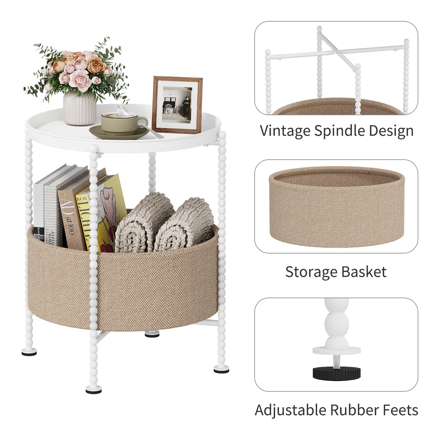 YINMIT Round Side Table with Fabric Storage Basket, Metal End Table, Bedside Nightstand,Sofa Coffee Side Table for Living Room，Bedroom, Office, Balcony