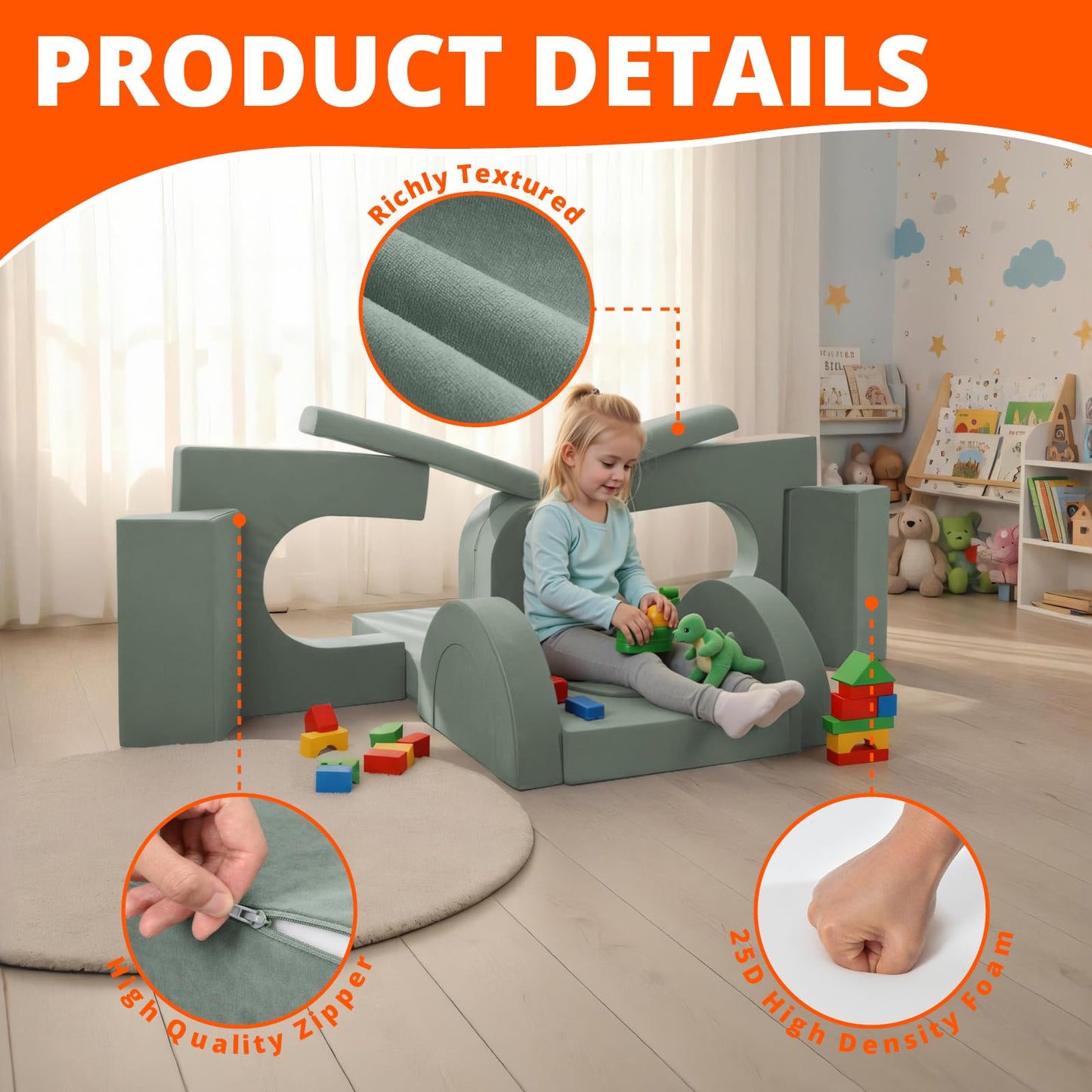 Fvkind Modular Kids Play Couch 16pcs, Toddler Couch for Playroom, Bedroom, Toddler Modular Play Sofa, Kids Sofa Building Fort with Convertible Foam Cushion for Boys and Girls, Green