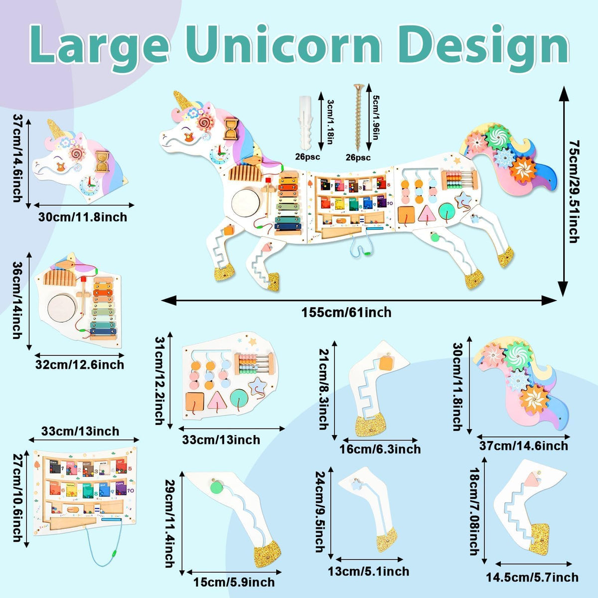 5FT Large Unicorn Activity Wall Busy Board Panels Wooden Learning Activity Center Montessori Sensory Wall Panel for Kids Interactive Educational Toy for Playroom Daycare Nursery Classroom Decor Gift