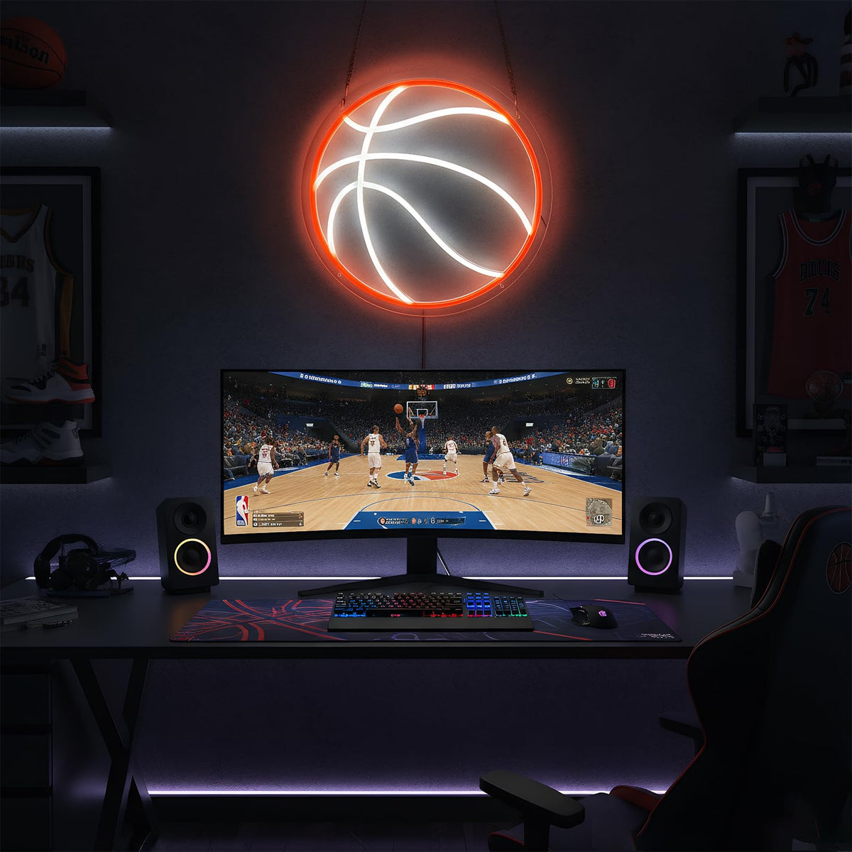 Basketball Neon Sign for Wall Decor, Dimmable LED Light for Bedroom Sports Room Decor, Basketball Gifts for Boys 8-12, 12.6 x 12.6 Inches