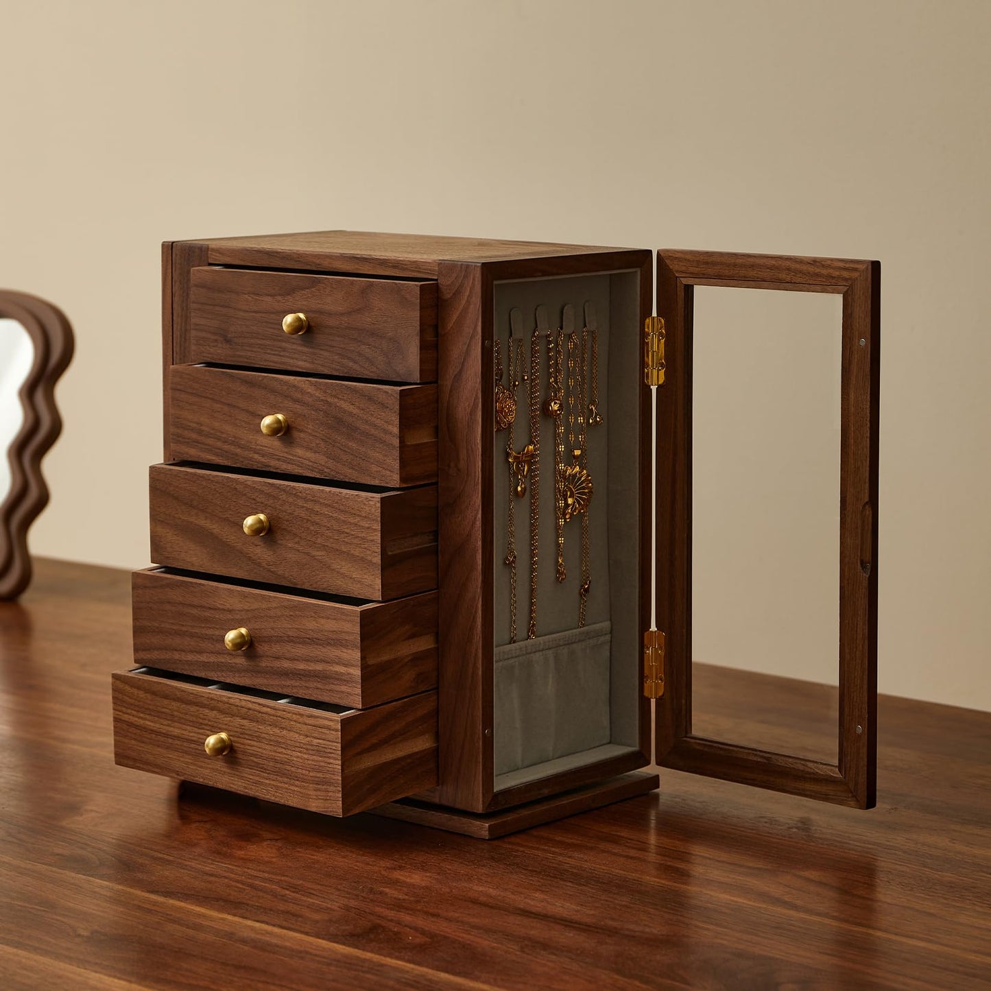 THFLSTR Wooden Jewelry Box for Women, 360 Rotating Design,Large Jewelry Organizer with Velvet Lining, 5 Drawers, Transparent Glass Doors, Black Walnut Wood Grain, Jewelry Storage Organizer