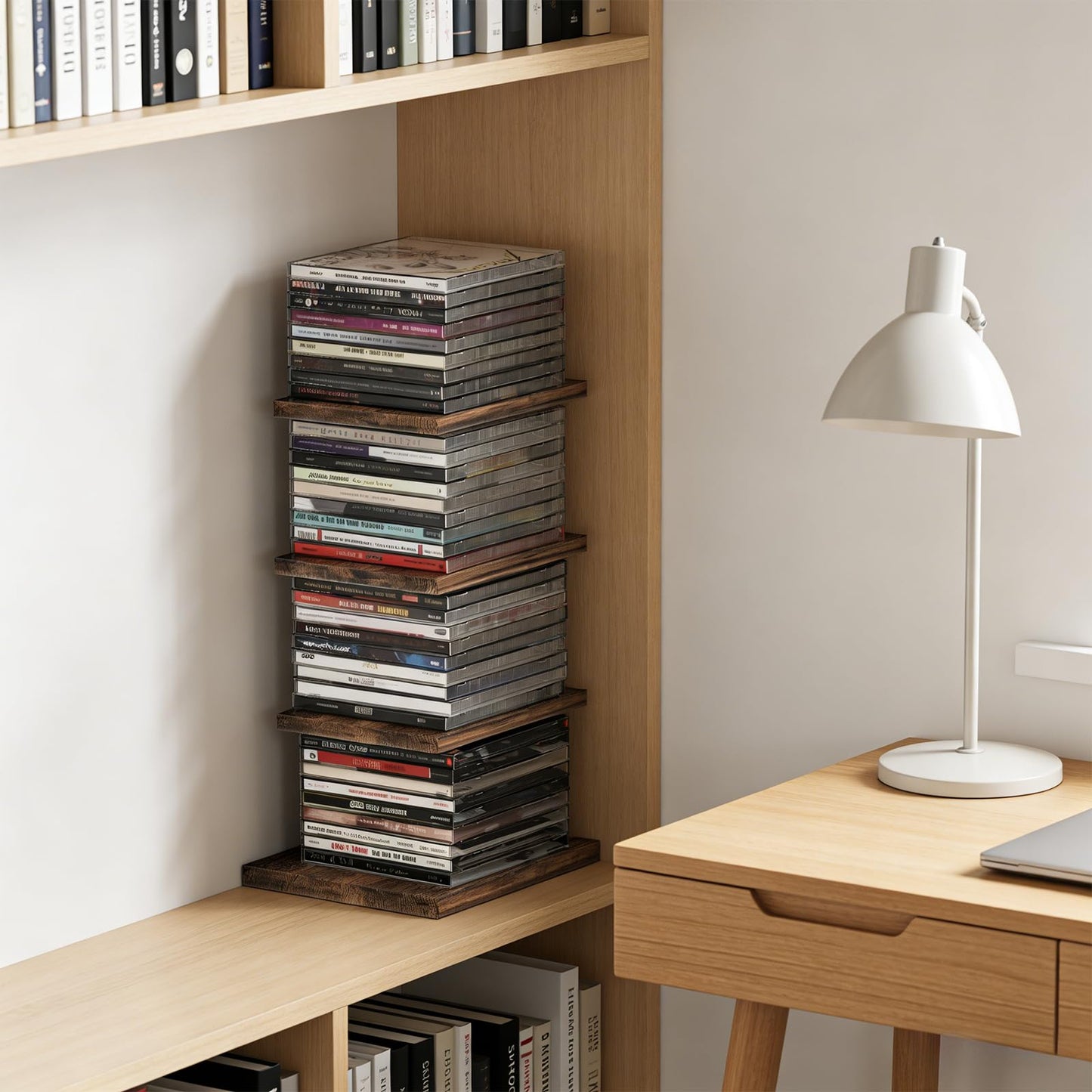 DEMEGA 4-Tier Solid Wood & Matte Black Iron CD DVD Storage Rack & Holder with Top Carry Ring, Space-Saving Vertical Organizer for Desktop, Bookshelf, Home Theater, Holds up to 40 CD Cases