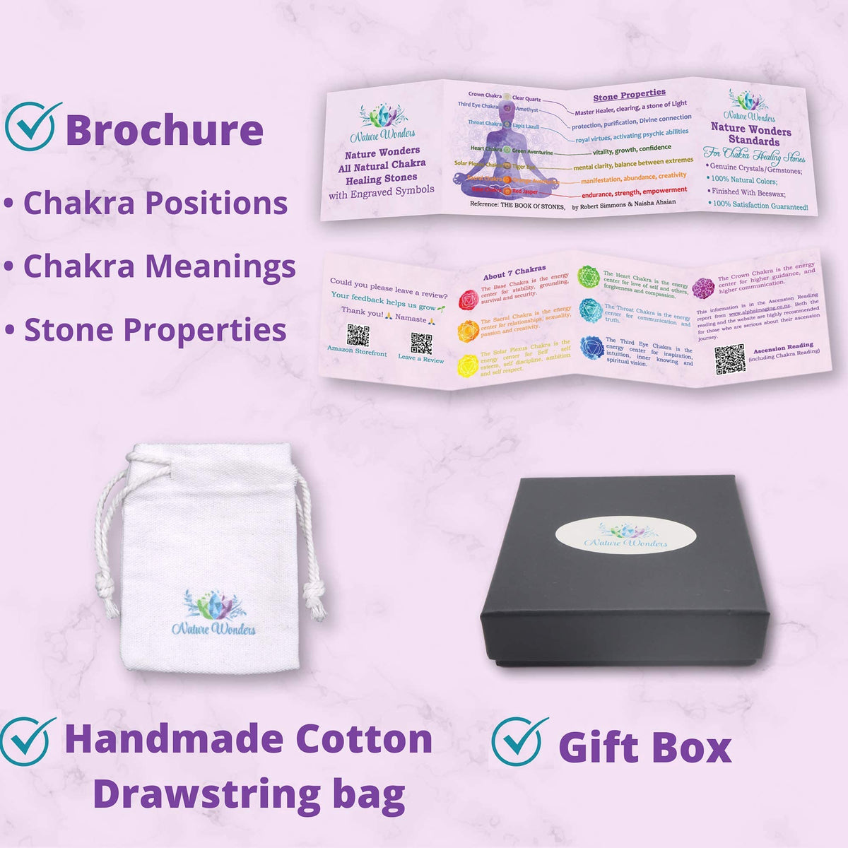 NatureWonders All Natural 7 Chakra Stone Set (Pyramid) with Engraved Symbols (Gift Box, Information Brochure & Pouch) - Healing Crystals, Balancing, Tumbled Palm Stone, Touchstone, Meditation