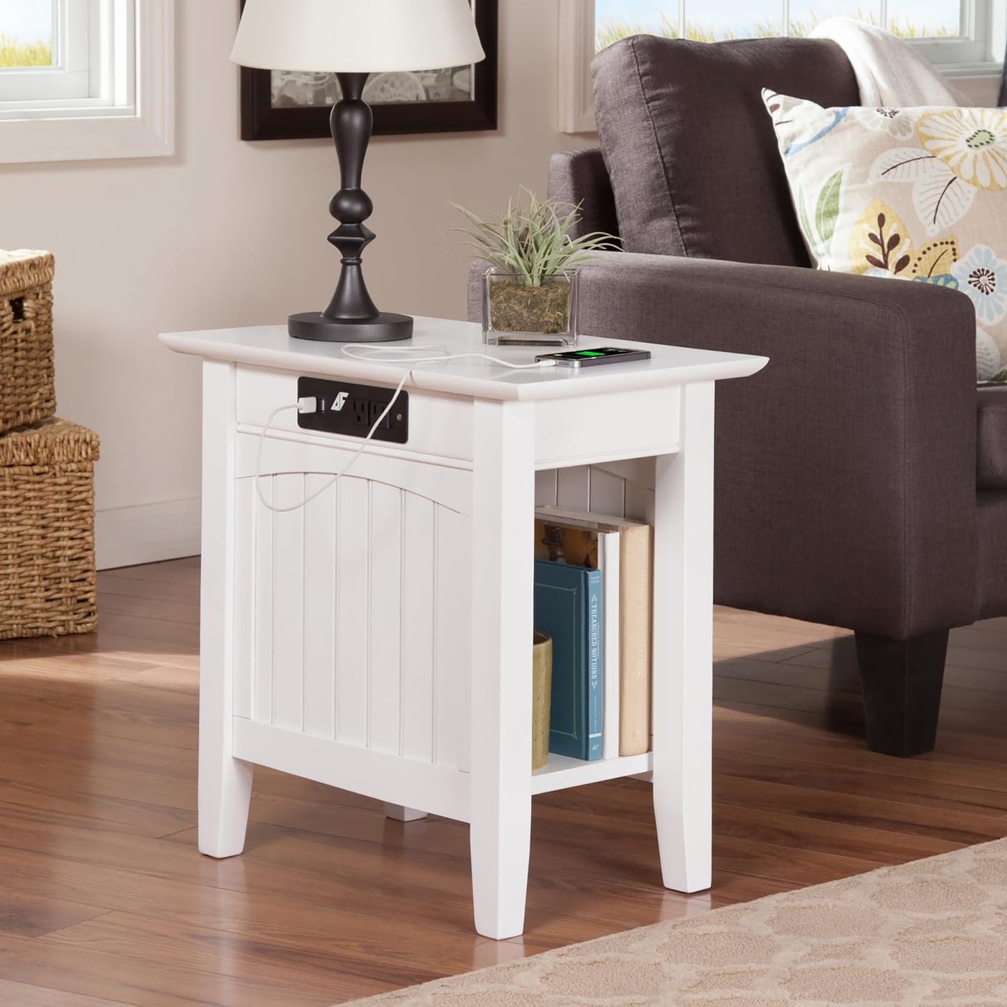 AFI Nantucket Chair Side Table with Built-in Charger in White