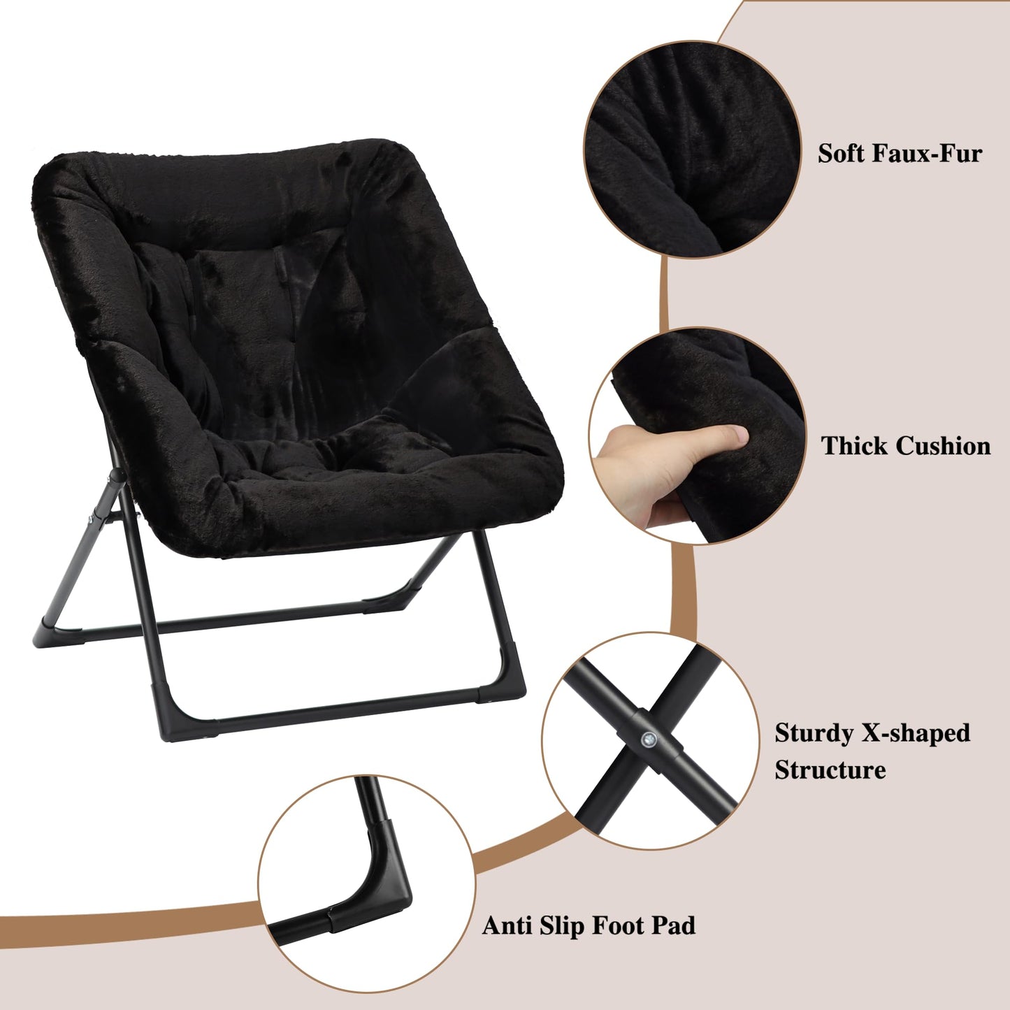 Mordchil HF Comfy Saucer Chair for Adults, Set of 2, Soft Faux Fur Bedroom Chair, Accent Dorm Chairs, Flexible Living Room Reading Chairs, Oversized Folding Seat for Teens, X-Large, Black