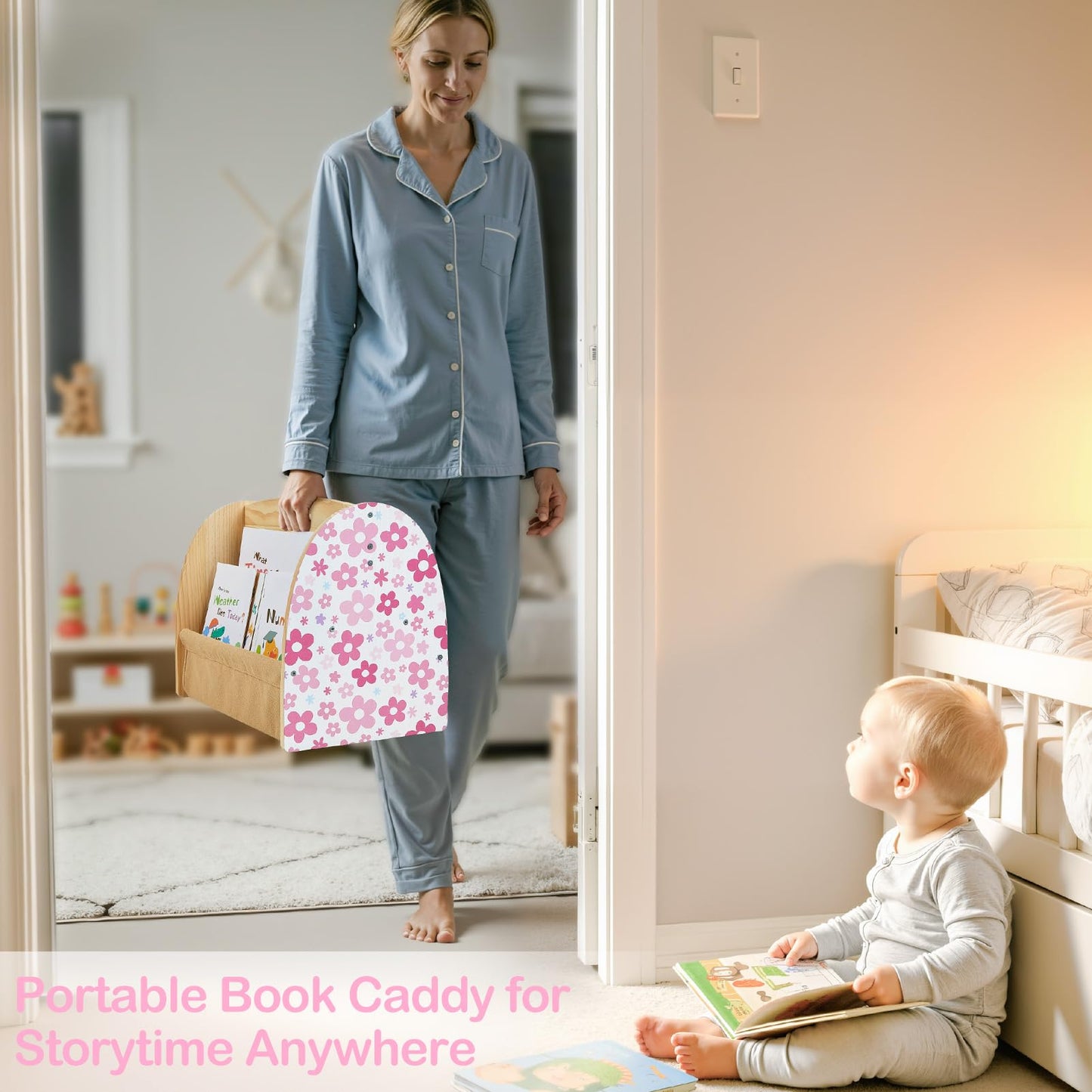 SheSeek Toddler Bookshelf Double-Sided with 4 Tier Deep Sleeves Kids Wooden Montessori Book Rack for Baby Nursery Room, Playroom, Classroom or Bedroom Bookcase Storage Organizer, Pink Flowers