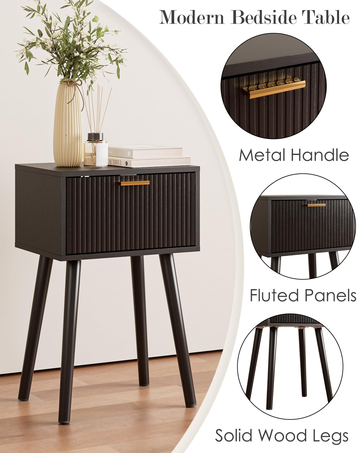 ASACESCU Night Stand, Black Nightstand with Fluted Door, Small Modern Mid-Century Bedside Table for Bedroom, End Table for Living Room