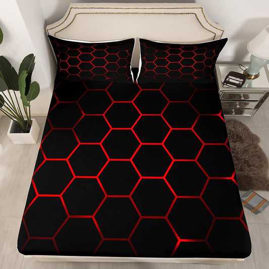 Boys Honeycomb Bedding Fitted Sheet for Kids Men Girls Modern Geometric Hexagon Theme Bedding Sheets Colorful Grid Art Neon Decor Bed Sheet Set Red Black Bed Cover Bedroom Collection 3Pcs Queen Size