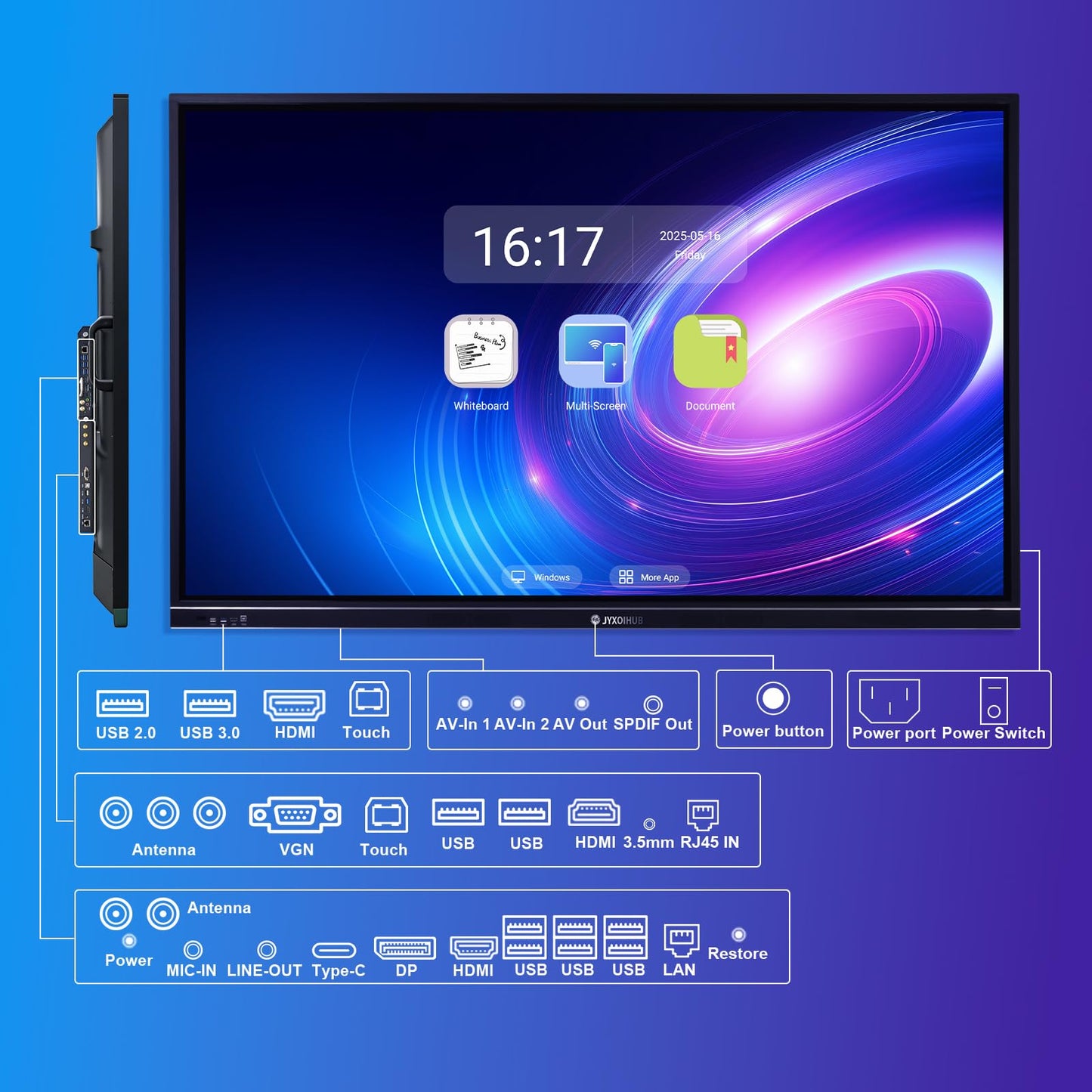JYXOIHUB Interactive Whiteboard, 86inch Smart Board with 4K UHD Touch Screen Flat Panel, All in One Digital Electronic Whiteboard Built in Dual System for Conference