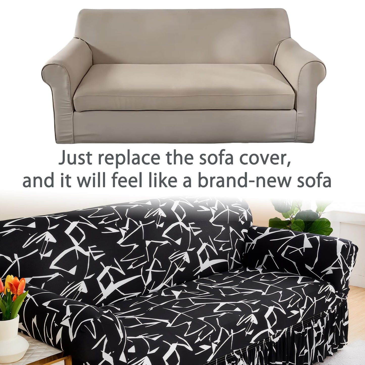 Ausing Printed Armchair Protector Single Sofa Slipcover with Skirt Printed Non-Slip Couch Cover Stretch Furniture Covers for Living Room Black Abstract(35”-55”)