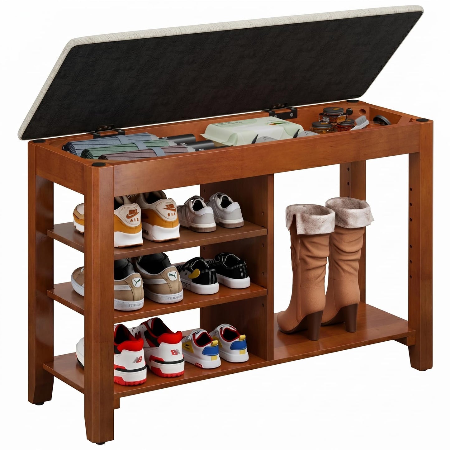 FAGAGA Shoe Rack Bench with Cushioned Seat, Solid Wood Entryway Bench with Flip-Top, Adjustable Shelf, Shoe Storage Bench for Hallway, Living Room, Mudroom (Beige, 31.5" L)