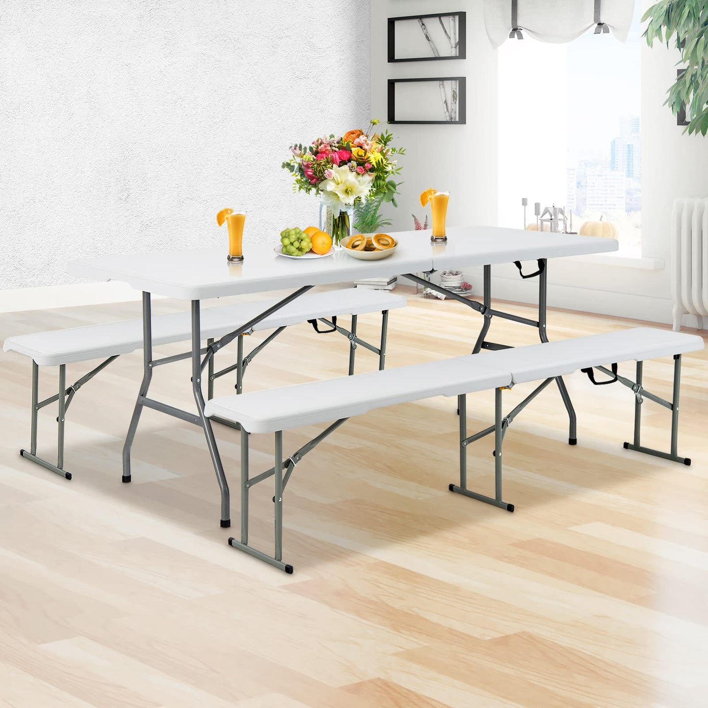 Goplus 6ft Folding Table, Indoor Outdoor Foldable Plastic Folding Tables, Heavy-Duty Rectangular Fold Up Table w/Handle, Portable Utility Card Table for Picnic, Party, Dining, Camping, Beach, White