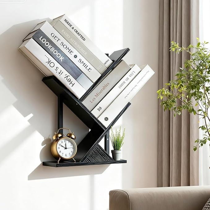 3 Tier Small Tree Bookshelf Black Floating Book Shelves
