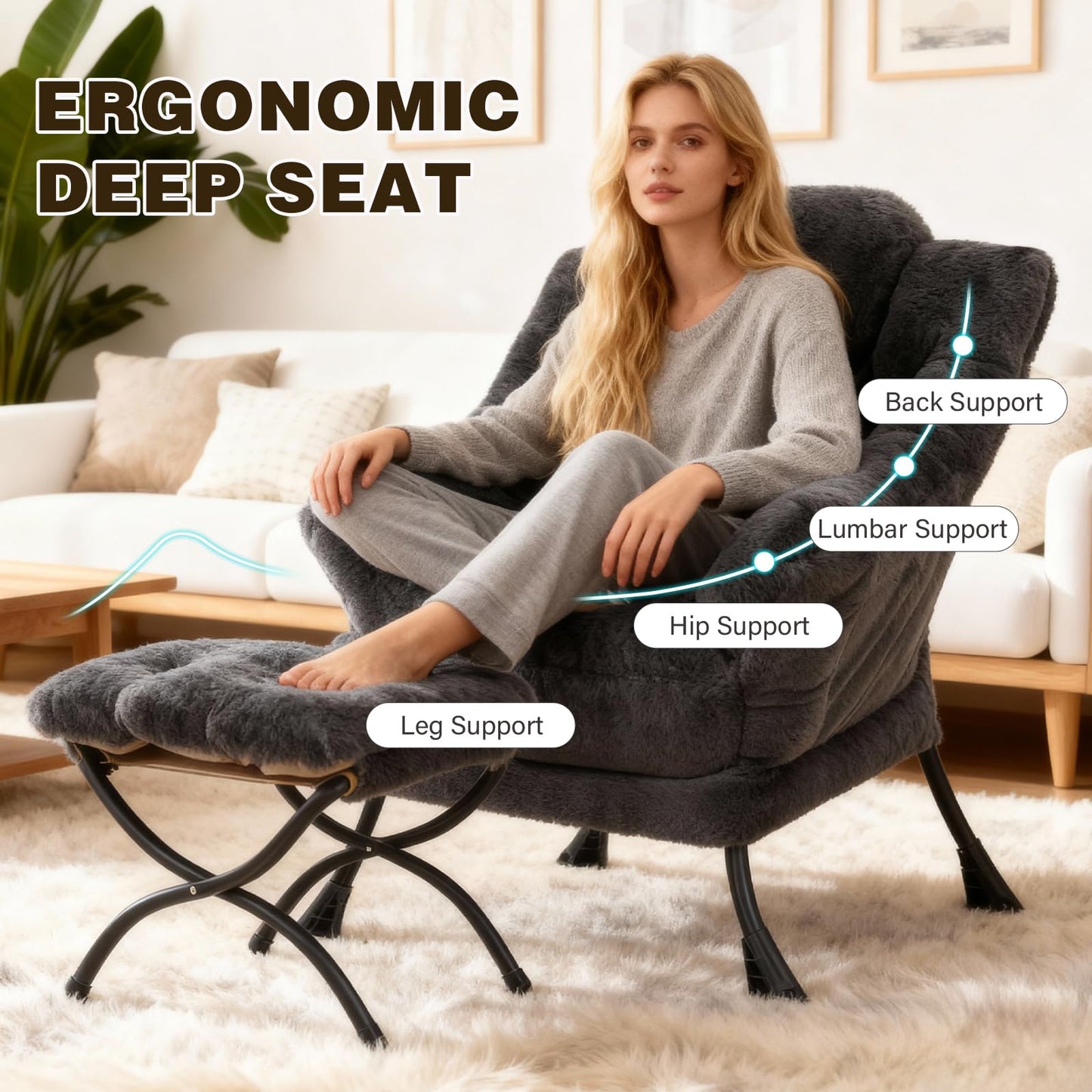 SESHINELL Lazy Chair with Ottoman, Modern Accent Chair Lounge Leisure Sofa Chair with Armrests, Reading Chair and Folding Footstool for Living Room, Bedroom, Office, Plush Navy