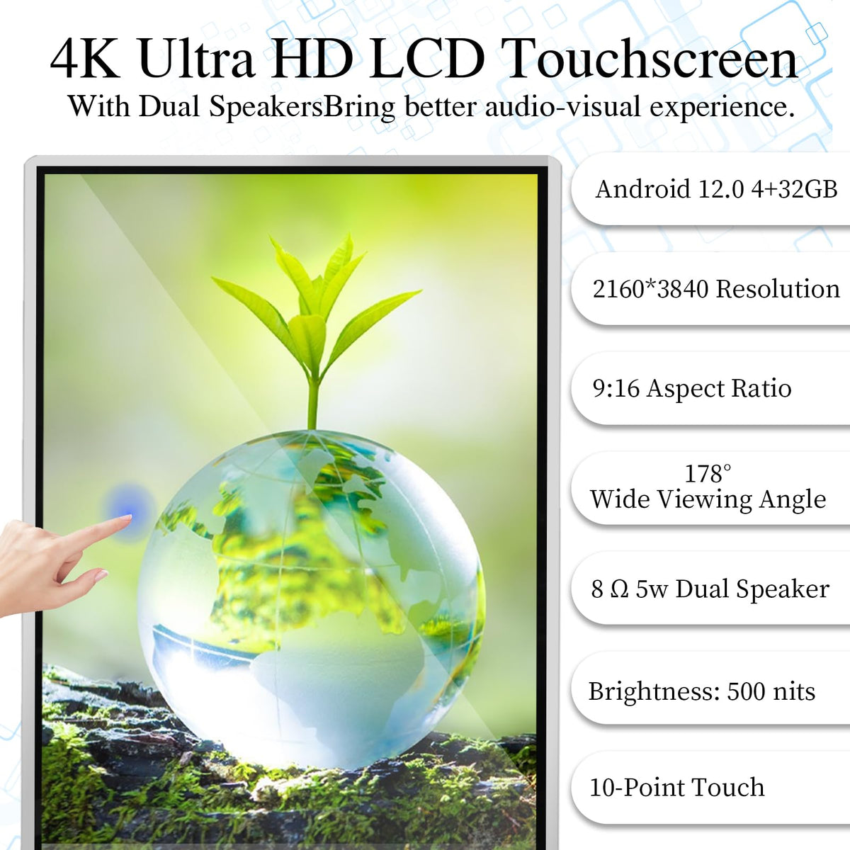 KEINONE 55" 4K LCD Touchscreen Digital Signage Display, Indoor Floor Standing Advertising Kiosk, Commercial Digital Signage Player, HDMI WiFi Bluetooth Input Auto AD Player, 4+32GB Android 14.0 Black