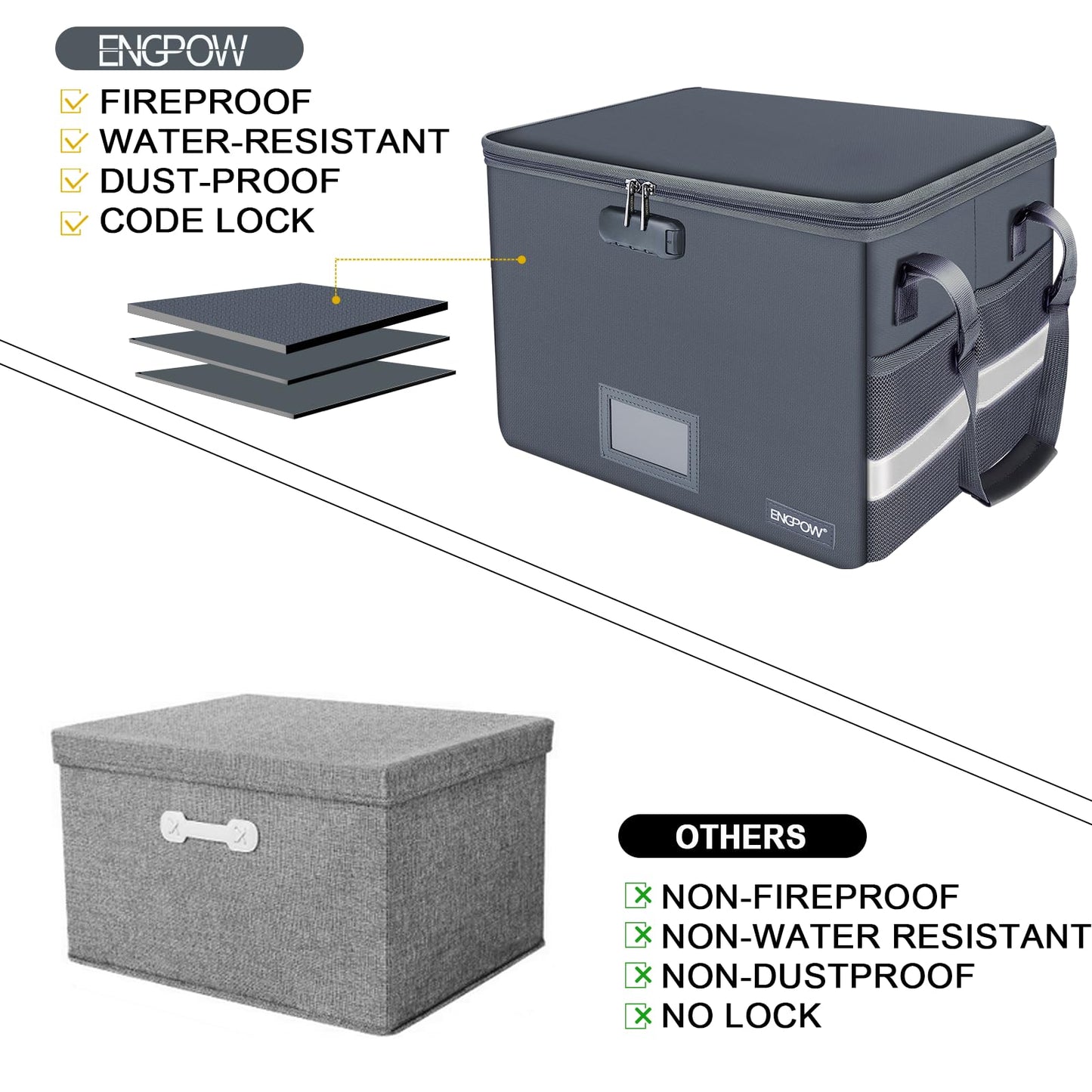 ENGPOW File Box with Lock, Fireproof Document Box with Zipper Lid, Collapsible File Organizer Storage Filing Cabinet with Handle, Portable Home Office Safe for Hanging Letter/Legal Folders, Grey