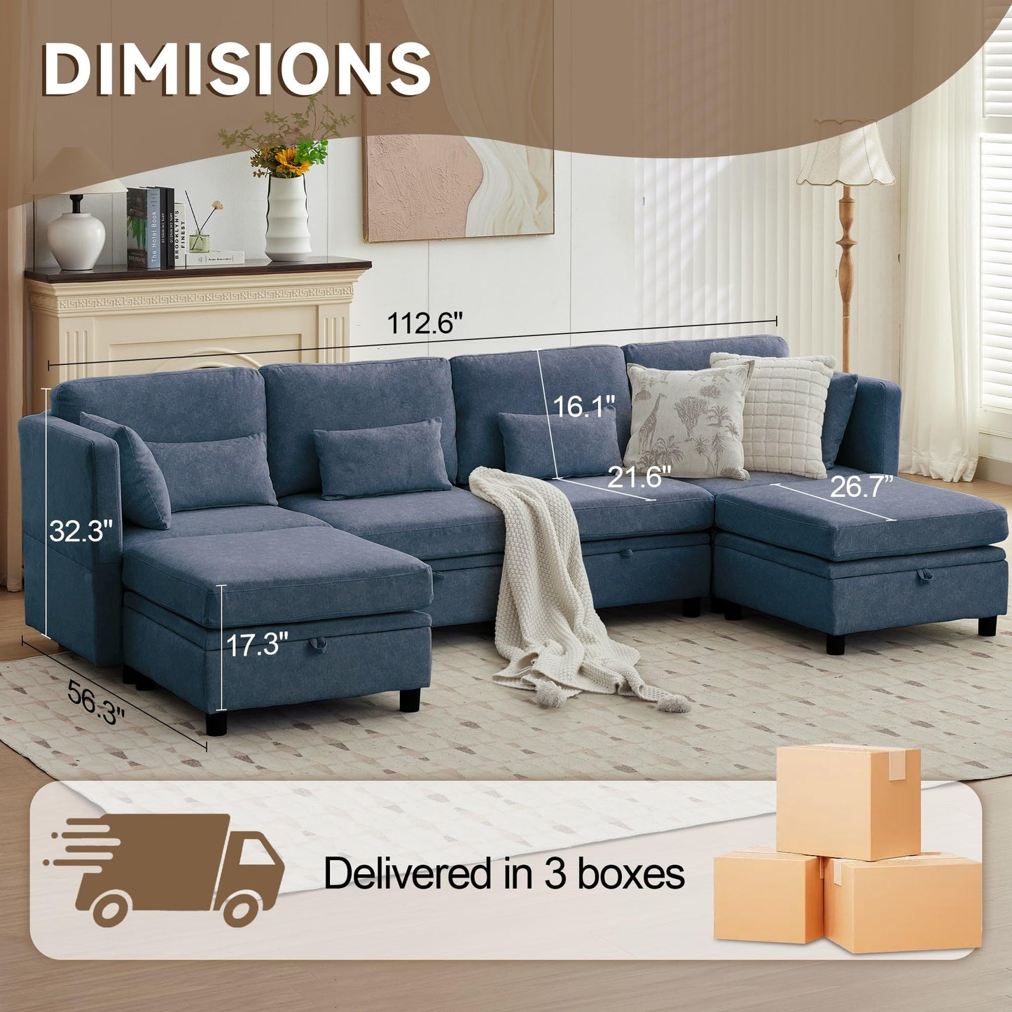Korser 112" Modular Sectional Sofa with Storage, Sectional Couches for Living Room, Convertible Modular Sofa with Ottomans, U Shaped Comfy Couch with Chaise, Adjustable Backrest, 6 Seats, Blue