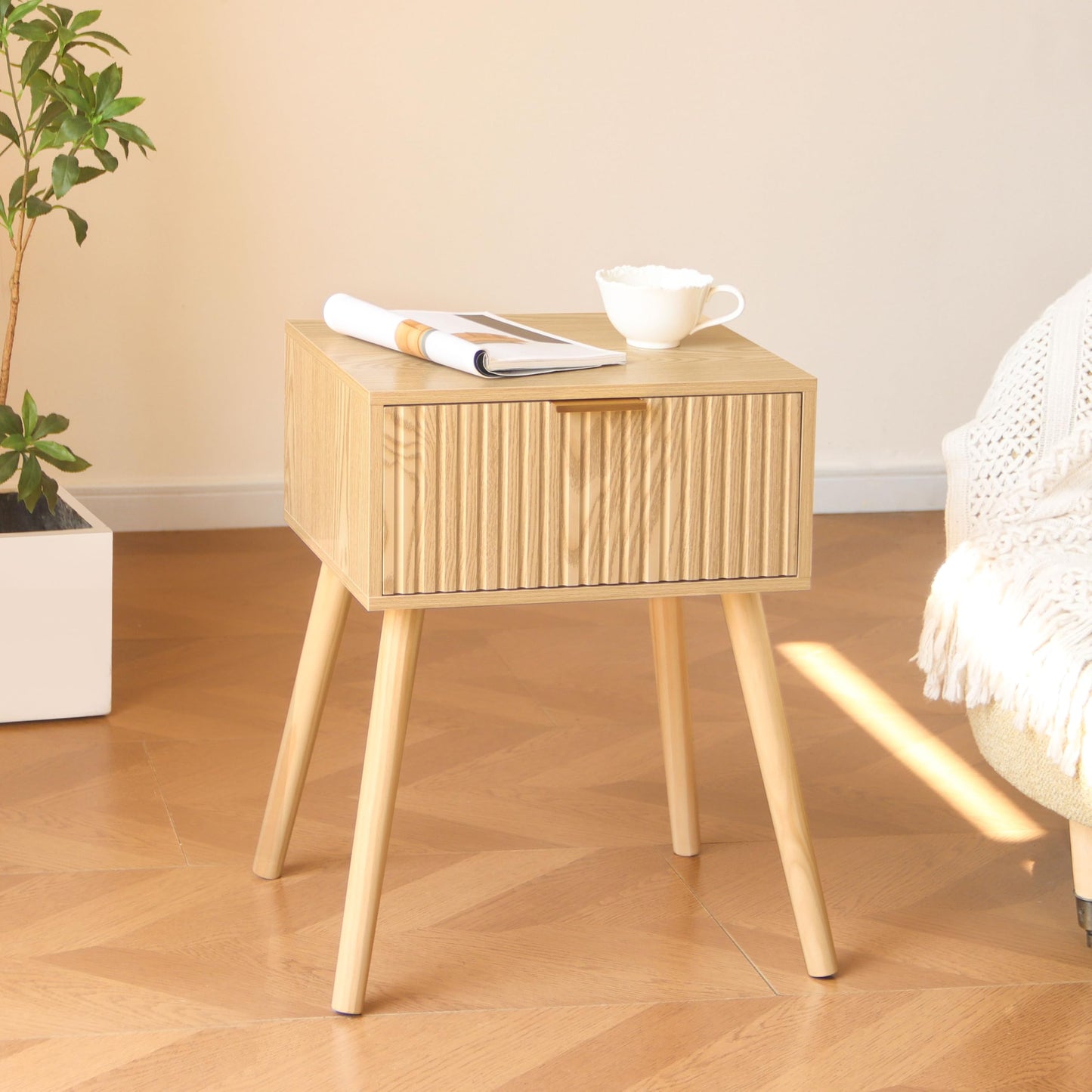 AWASEN Fluted Nightstand, Small End Tables Living Room, Wood Bedside Side Table with Storage Drawer for Bedroom and Small Space, Natural