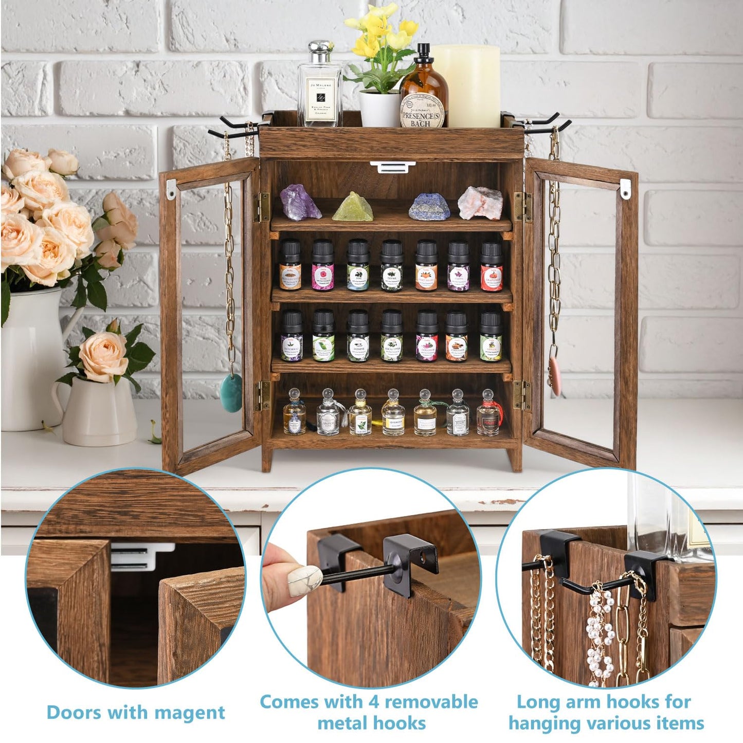 Ikee Design Small Wooden Countertop Storage Cabinet with Adjustable Shelves and Removable Hooks, Perfect for Perfume, Pantry, Essential Oil, 10.4W x 6.1D x 14.4H in, Brown