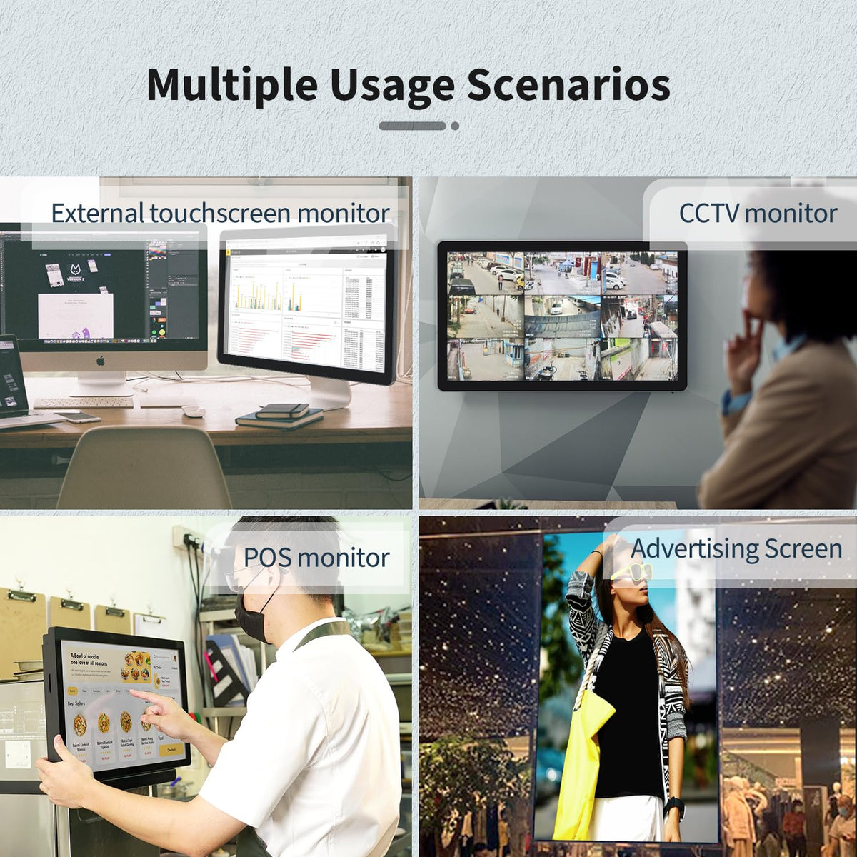 TouchWo 13.3 inch Capacitive Multi-Touch Screen Industrial Monitor, 16:9 Display 1920 x 1080P, Built-in Speakers, VGA & HD-MI Monitor for PC, POS, Small Business, Restaurant