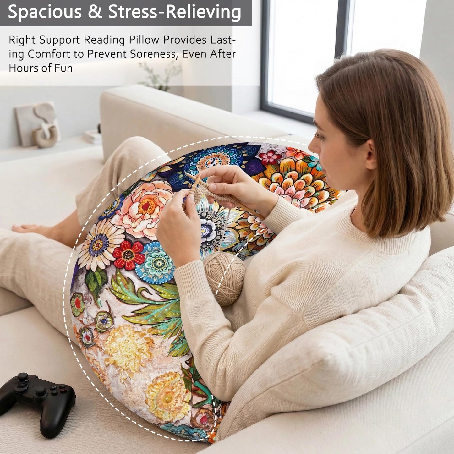 Crafting Pillow for Crocheting, Crochet Pillow for Lap Support, 12 Fun Print Styles, Ergonomic Arm Support, For Bed, Floor, Chair Comfort, Pain Relief and Fatigue for Gaming and Woking (Flower)