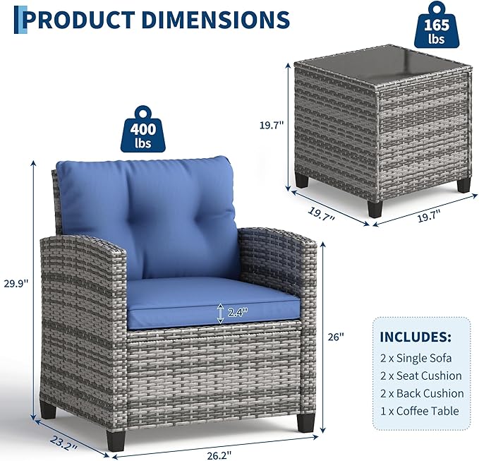 GarveeHome 3-Piece Outdoor Wicker Sofa Set, PE Rattan Patio Furniture