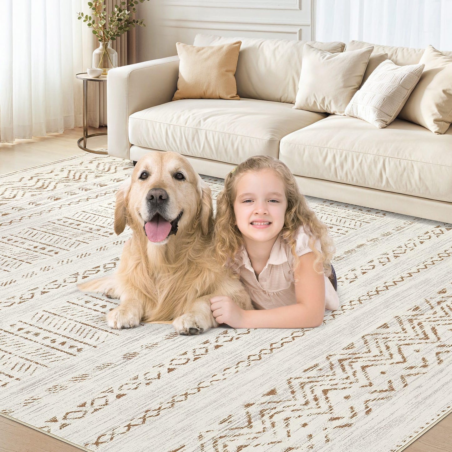 cotiled 5x7 Area Rugs Living Room Rug: Washable Boho Rugs with Non Slip Backing Large Soft Indoor Stain Resistant Carpet for Bedroom Farmhouse Dining Room Lightweight Home Decor Brown/Cream