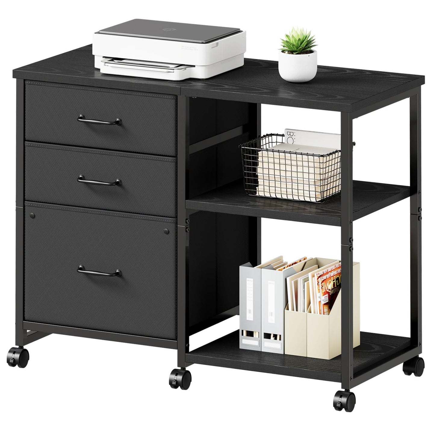 Maihail 3 Drawer File Cabinet with Wheels Rolling Printer Stand with Open Storage Shelf Fabric Lateral Filing Cabinet for Home Office,Black
