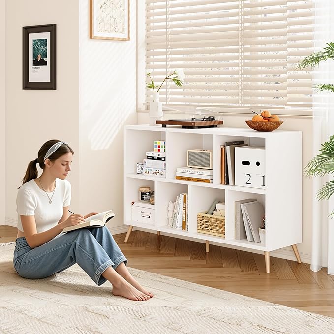 7-Cube Storage Organizer with Natural Wood Legs, Mid-Century Modern Bookcase