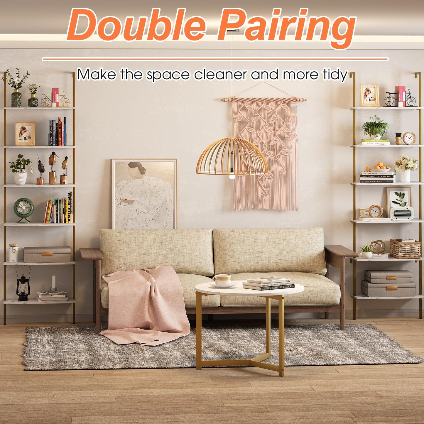 Wolawu Ladder Shelf 6 Tiers Marble White Modern Bookshelf Open Tall Wall Mount Bookcase Standing Leaning Wall Shelves Industrial Decorative Living Room Bed Room