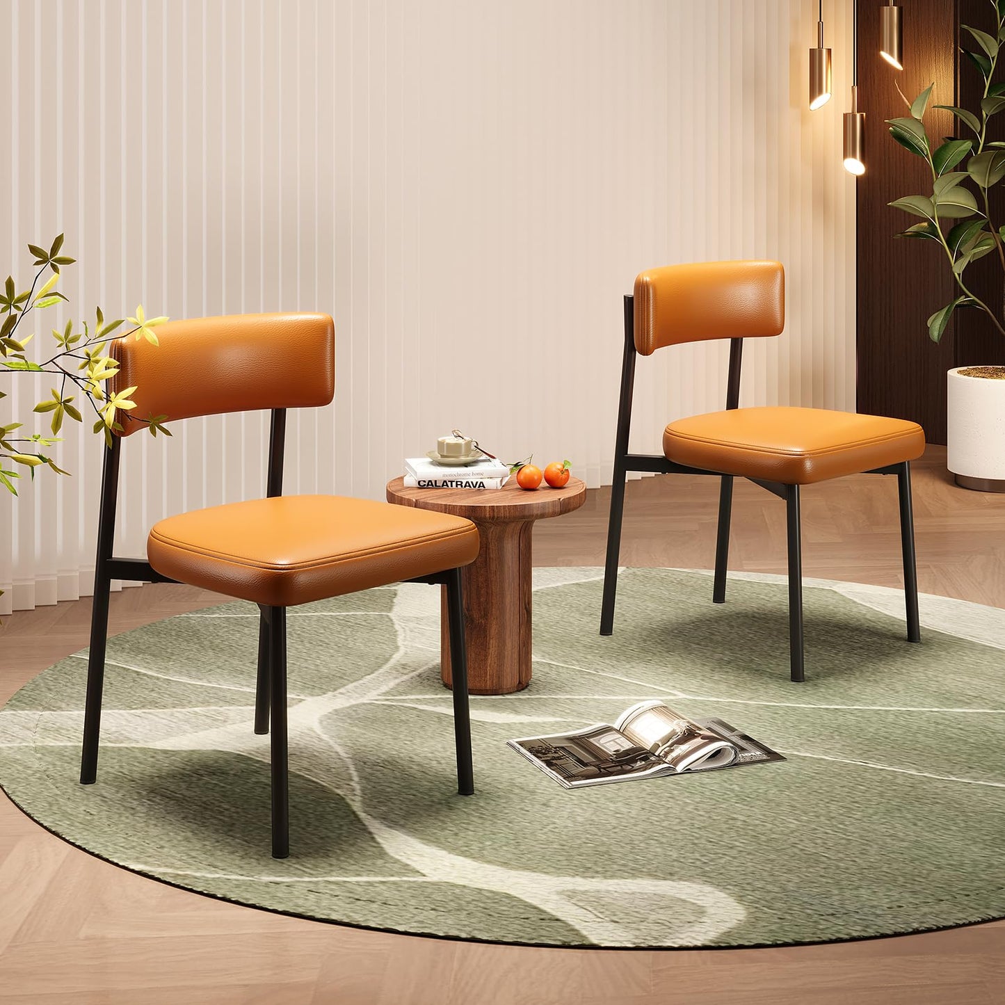 LUCKIIA Dining Chairs Set of 2 Leather Upholstered Modern Mid Century Kitchen Dining Room Chairs with Metal Legs (Brown)