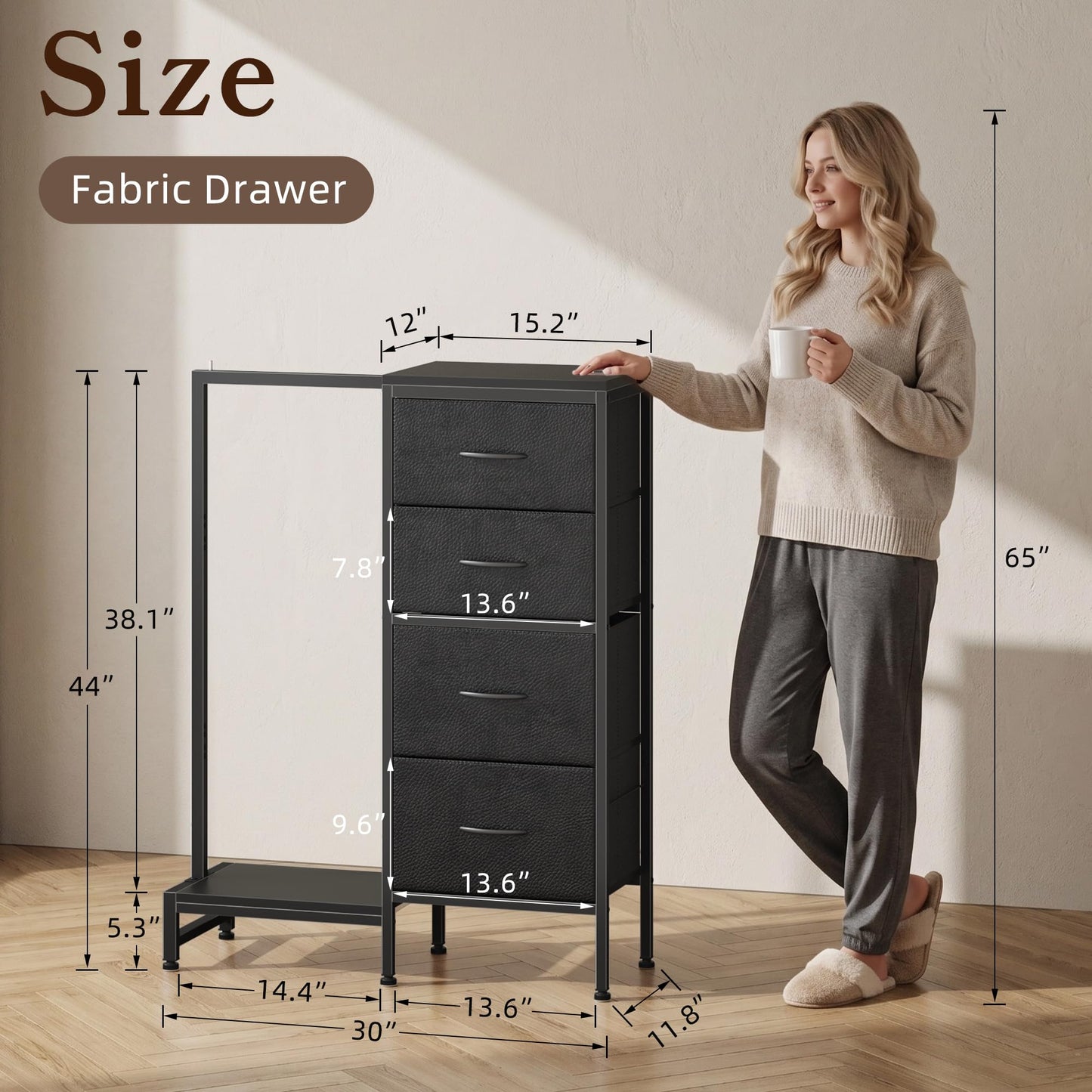 HIGDBFE Dresser with Hanging Rack, 4 Drawers Small Closet for Bedroom, Reversible Fabric Kids Chest of Drawers with Clothes Rack, Tall Storage Tower, Sturdy Frame, Black, 44''H