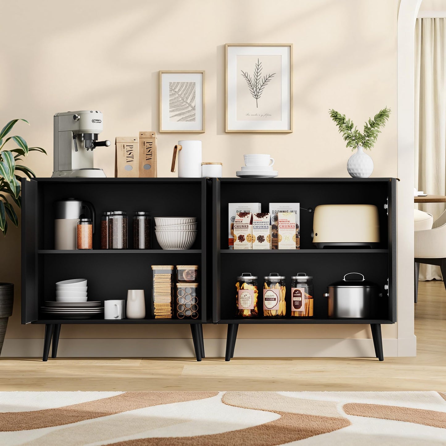 REHOOPEX Fluted Buffet Cabinet Sideboard, Storage Cabinet, Modern Accent Cabinet Console Table for Entryway, Living Room, Black