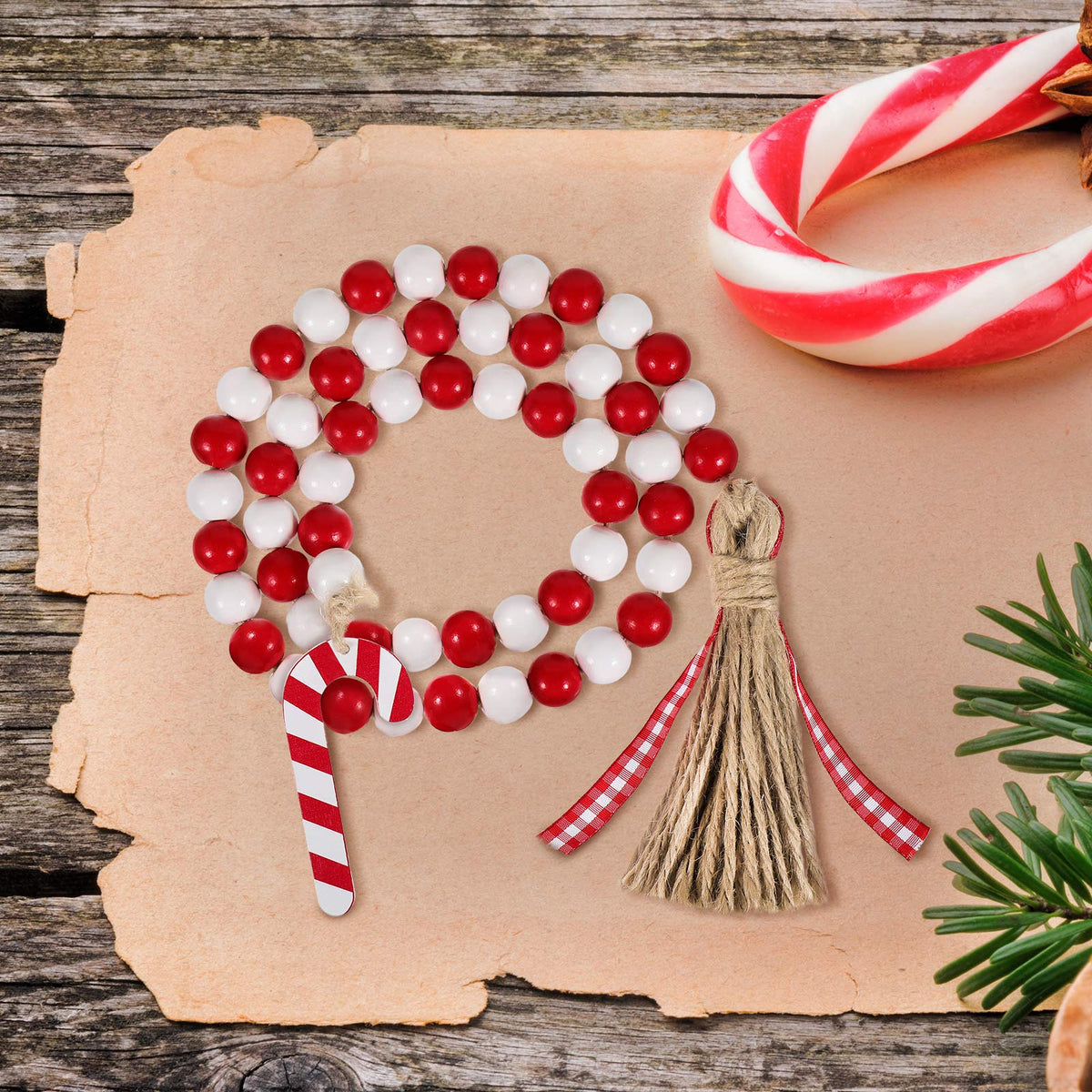 Chuangdi Christmas Wooden Bead Garland Wreath, 39 Inches Decorated with Candy Canes Tassels Wood Bead Garland for Christmas Tree Tiered Tray Decor Home Farmhouse Wall Hanging Ornaments(Red White)