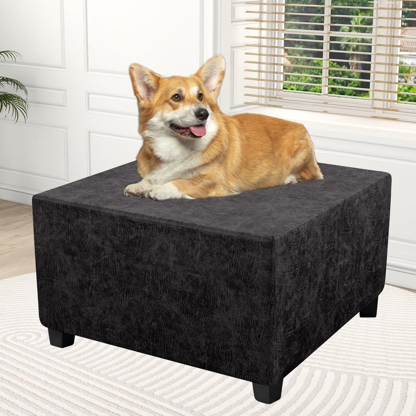 HYGPP Faux Leather Ottoman Cover Rectangle Ottoman Slipcover Waterproof Storage Ottoman Cover Stretch Non Slip Living Room Furniture Protector-Brown-Large(Black,Large)
