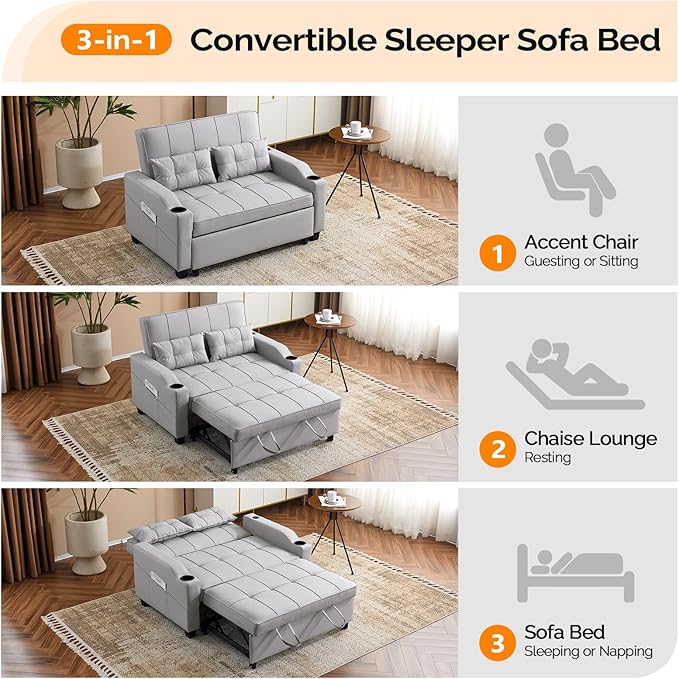 VINGLI Convertible Loveseat Sleeper Sofa, Light Grey Faux Leather Futon Sofa