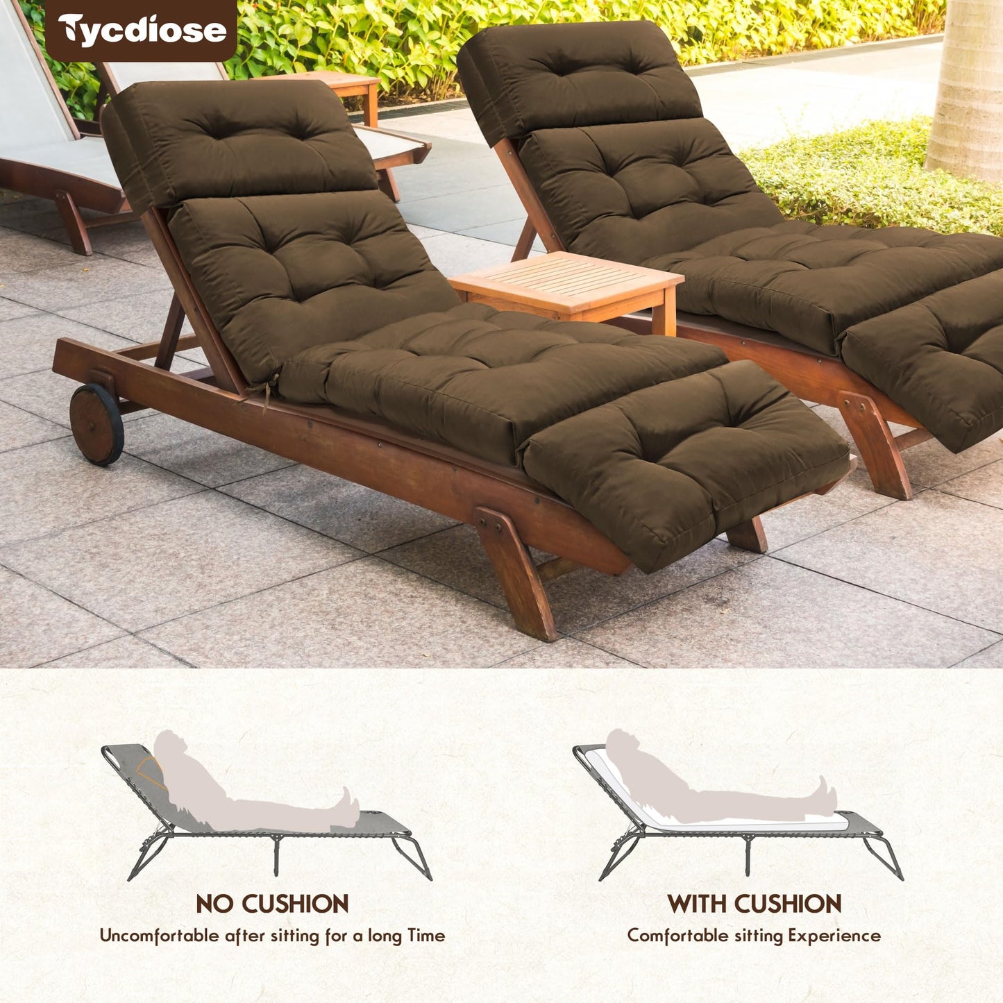 Tycdiose Waterproof Outdoor Chaise Lounge Chair Cushion 74.4 x 22 x 4.7 Inches Memory Foam Lounge Chair Cushions for Outdoor Furniture with Ties, Thickened Pool Chaise Lounge Chair Cushions, Brown
