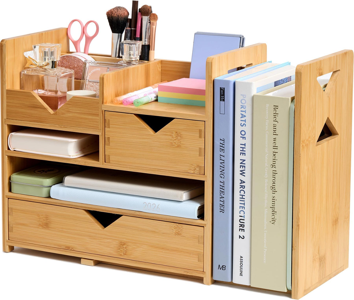Pandorama Bamboo Desk Organizer Medium - Drawers & Adjustable File Holder, Fully Assembled Wood Desktop Storage for Kitchen, Bedroom, Bathroom, Study Room